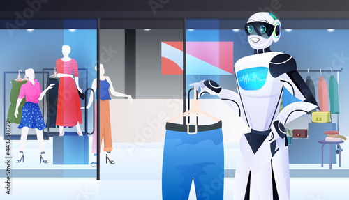 salesman robot showing clothes in fashion boutique artificial intelligence technology concept