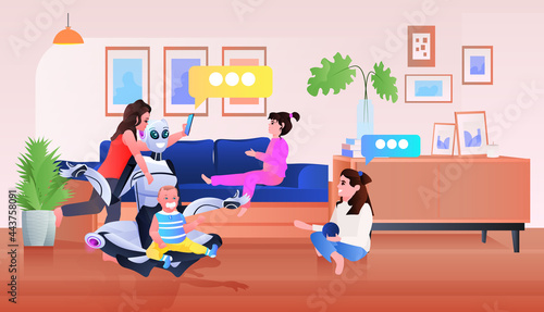 modern robot nanny spending time with children artificial intelligence technology babysitter concept