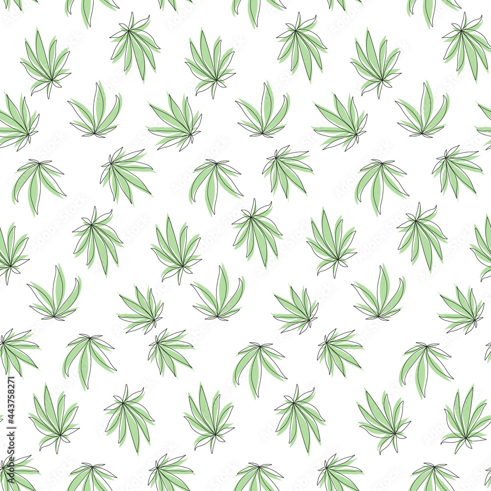 Seamless pattern with green cannabis leaf on white background.