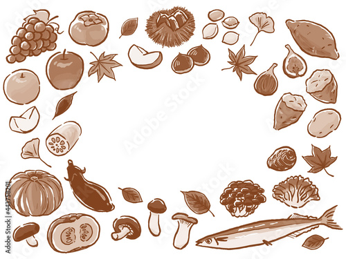 Japanese Autumn Food Watercolor Vector Art 手描き風秋の味覚　秋の食べ物セット　セピア風