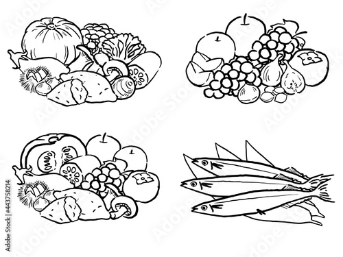 Japanese Autumn Food Watercolor Vector Art 手描き風　秋の食べ物盛り合わせ　線画