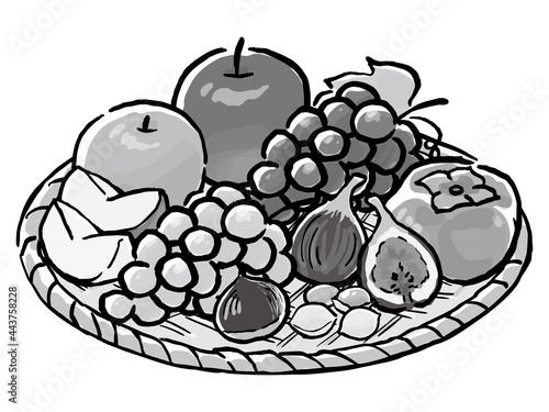 Japanese Autumn fruit Watercolor Vector Art 手描き風秋の果物盛り合わせ　モノクロ