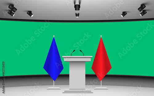 white announcement podium and microphone with colorful flags background on the green screen in the studio room