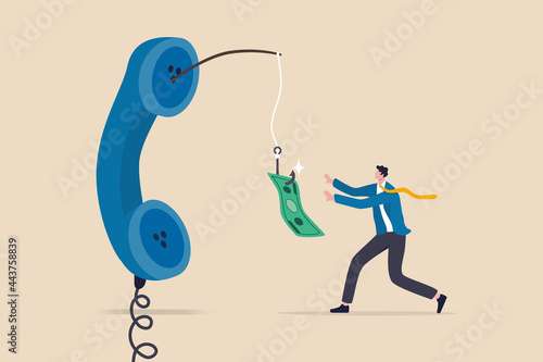 Phone scam, telephone call lying about fake investment, fraud to steal money from victim, financial crime concept, greedy man chasing easy money bait from thief phone call lying for paying scams. photo