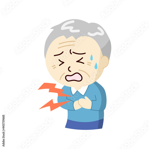 痛みで胸を押さえる辛そうなおじいさん