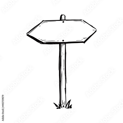 Sketch direction sign. Hand drawn doodle style. Wooden signpost. Vector illustration.