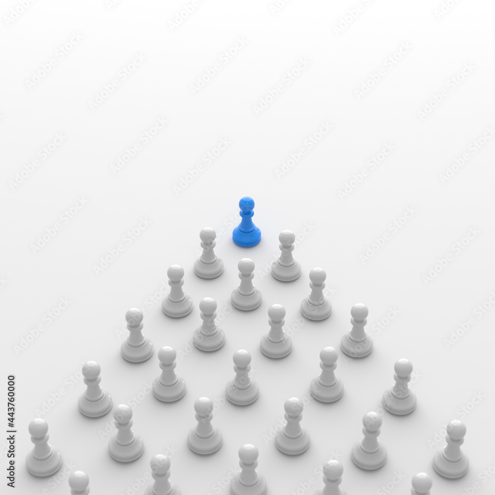 Leadership concept, blue pawn of chess, standing out from the crowd of white pawns, on white background. 3D Rendering Leadership concept, blue pawn of chess, standing out from the crowd of white pawns, on white background. 3D Rendering