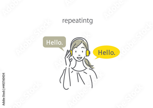 Obraz w ramie リピーティング 英語を学ぶ女性のイラスト 語学学習方法 シンプルでお洒落な線画イラスト