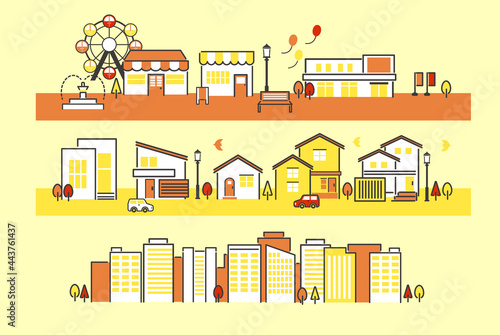 シンプルでかわいい街並みのベクターイラスト素材／秋／夕方／住まい