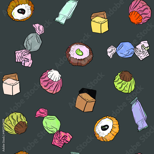 Seamless illustration of desserts, sweets on a colored background. Confectionery pattern for cafes, packaging, blank for designers, printing on clothes, interiors, menus, pastry shops
