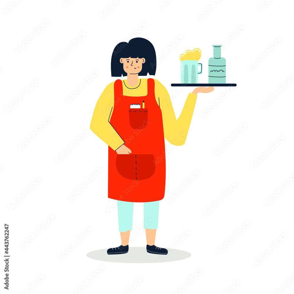 Young woman, waitress smiling and hold tray with cup of beer, bottle. Service staff concept. Young woman, waitress smiling and hold tray with cup of beer, bottle. Service staff concept.