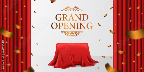 Grand Opening royal elegant surprise with satin fabric cloth curtain and cover box and golden confetti with white background