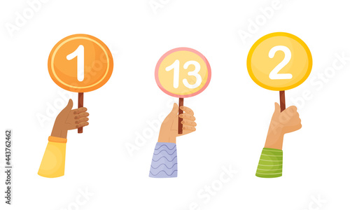 Human Hands of Different Skin Color Holding Score Tables Vector Set