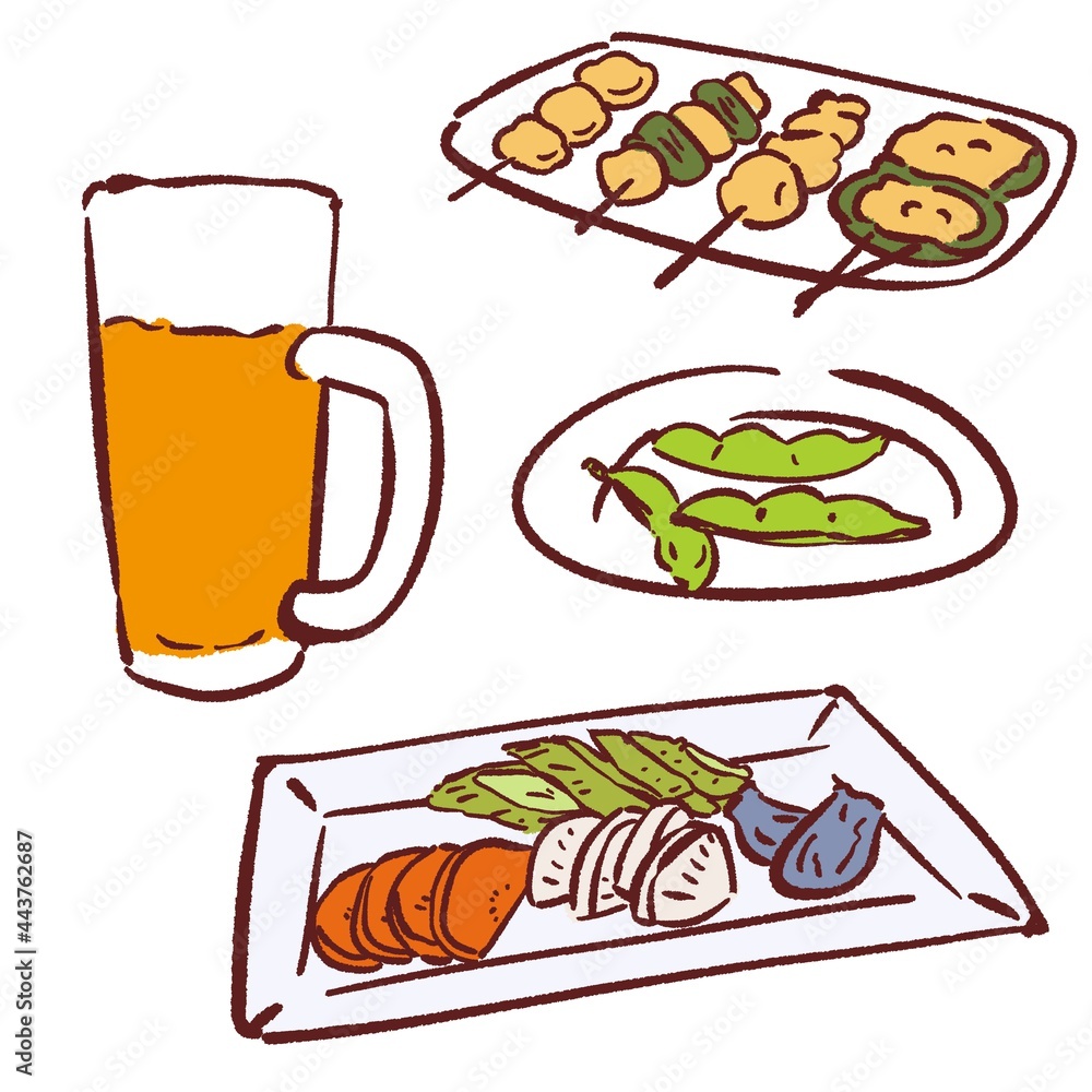 手描きのおつまみイラストセット 焼き鳥と枝豆と漬物とビール Stock イラスト Adobe Stock