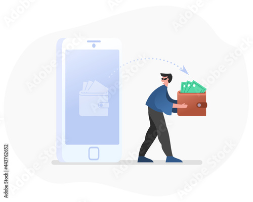 Thief, online hacker steal money from mobile phone. Modern vector illustration