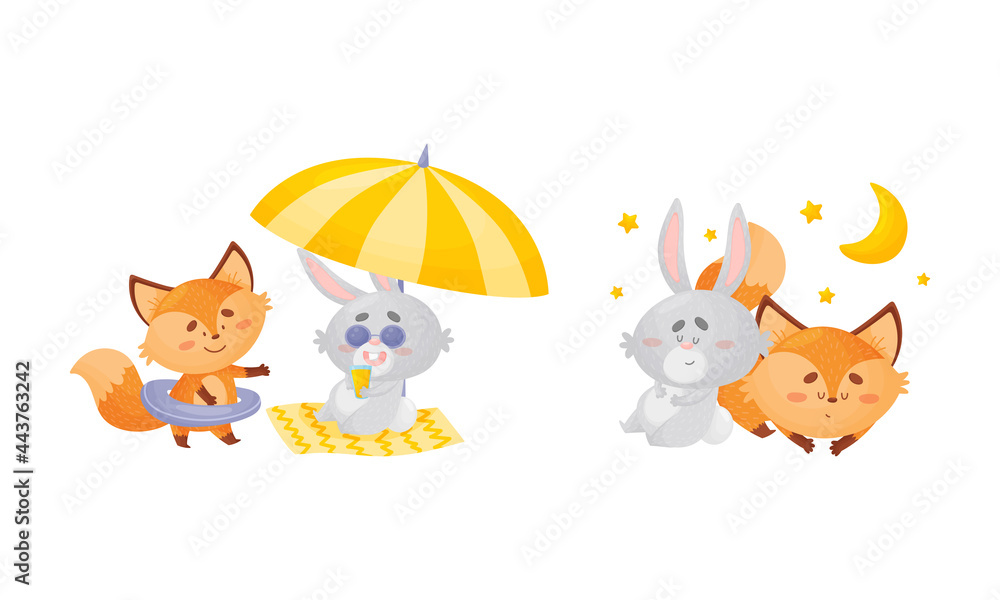 Humanized Fox and Hare Engaged in Different Activity Sleeping and Resting on Beach Vector Set Humanized Fox and Hare Engaged in Different Activity Sleeping and Resting on Beach Vector Set