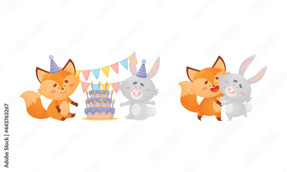 Humanized Fox and Hare Engaged in Different Activity Celebrating Birthday and Dancing Vector Set