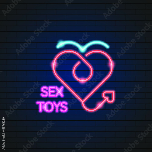 Abstract Sex Shop Heart Adult Toys Neon Light Electric Lamp Background Vector Design Style Signage Advertising Design Template Logo Logotype Symbol Sign