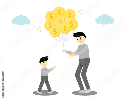 Young man giving money balloons to his child cartoon vector