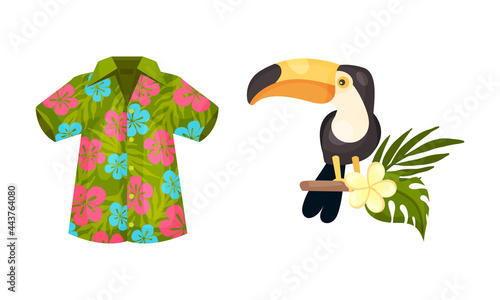 Hawaiian Beach Attributes and Tropical Symbols with Floral Shirt and Toucan Bird Vector Set