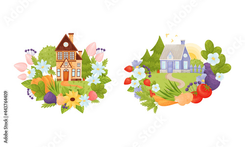 Village Houses Standing on Meadow with Winding Path Surrounded by Circular Crop and Flower Arrangement Vector Set