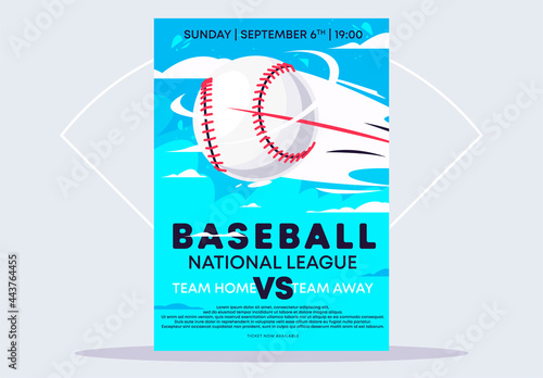 Vector illustration of a poster template and a flyer for a baseball game, a baseball flying quickly in the air against the sky