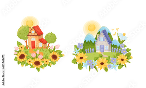 Village Houses Standing on Meadow with Winding Path Surrounded by Circular Crop and Flower Arrangement Vector Set