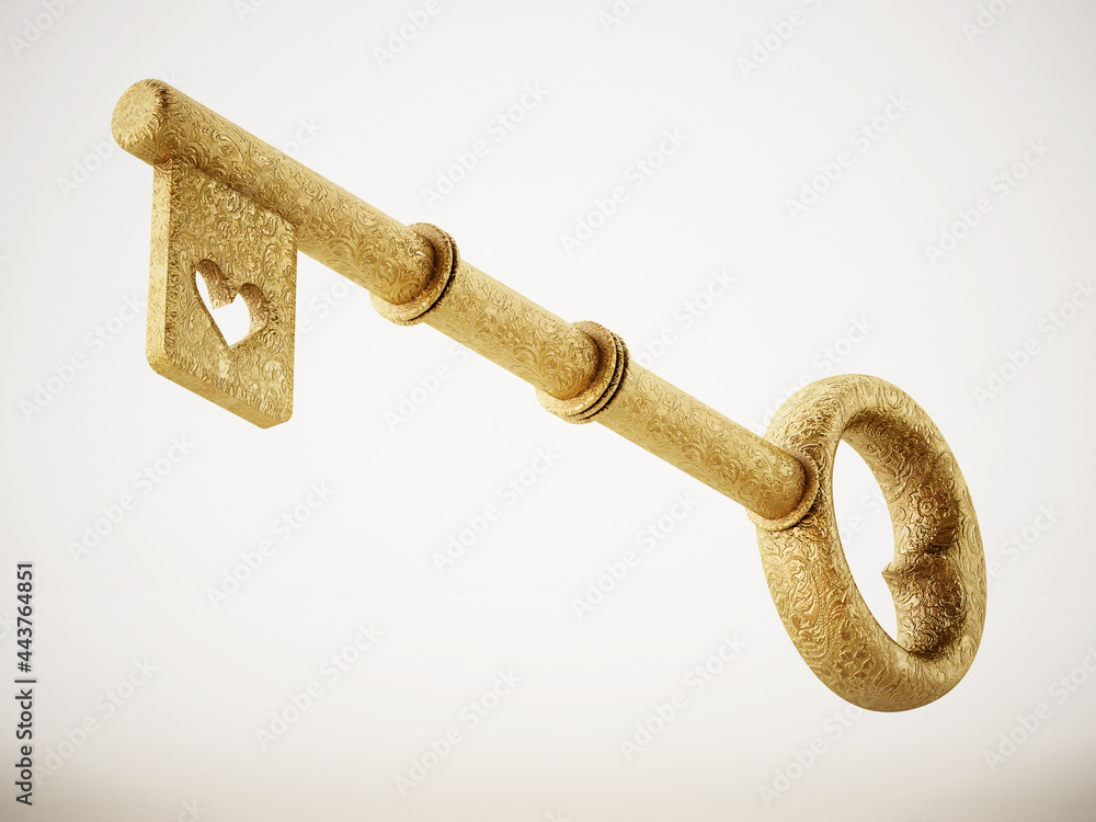 Obraz premium Golden ornate key with heart symbol isolated on white background. 3D illustration
