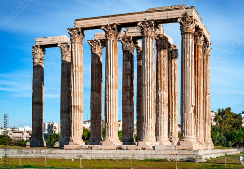 View of the Temple of Olympian Zeus aka the Olympieion or Columns of the Olympian Zeus, a former colossal temple at the center of Athens, Greece.