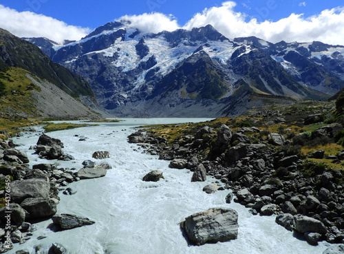 spectacular views of mount cook and the hooker river along the hooker valley track on a summer day in summer, near mount cook village on the south island of new zealand