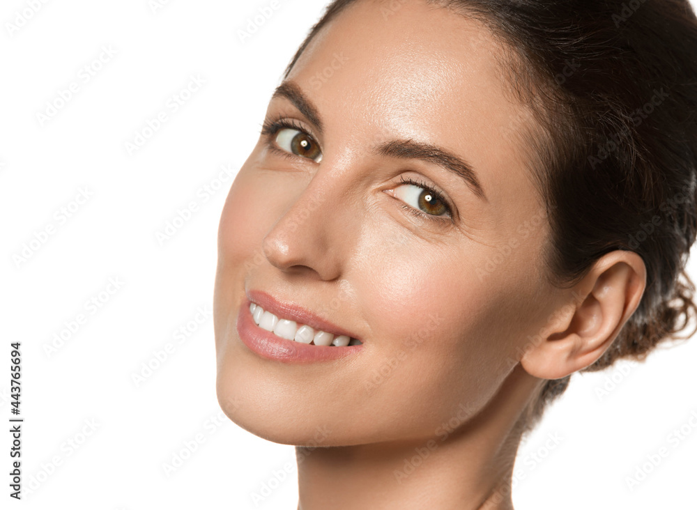 Obraz premium Beautiful brunette woman healthy skin beauty teeth smile natural make up isolated on white