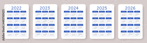 Calendar 2022, 2023, 2024, 2025 and 2026. English blue vector pocket calender design template