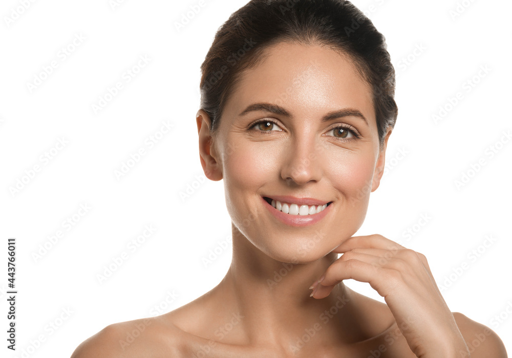 Beautiful brunette woman healthy skin beauty teeth smile natural make up isolated on white Beautiful brunette woman healthy skin beauty teeth smile natural make up isolated on white