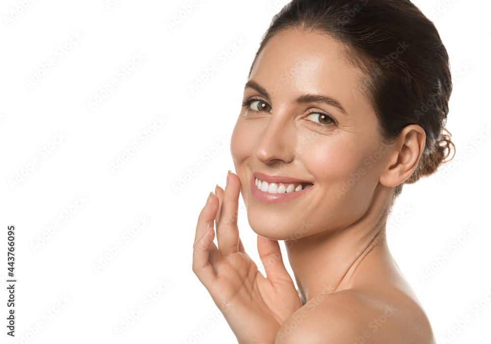 Beautiful brunette woman healthy skin beauty teeth smile natural make up isolated on white Beautiful brunette woman healthy skin beauty teeth smile natural make up isolated on white