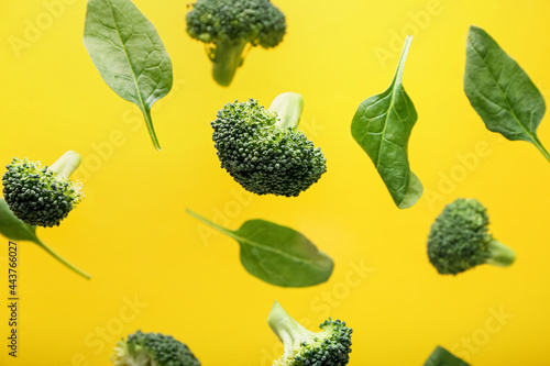 Flying broccoli and spinach on color background