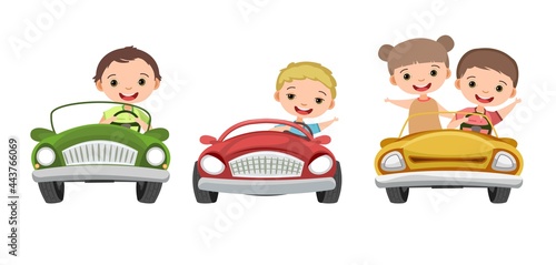 Set. Children drive a car. Kids. Boys and girl. Childrens pedal or electro automobile. Toy vehicle. With a motor. Good passenger car. Isolated over white background. Vector