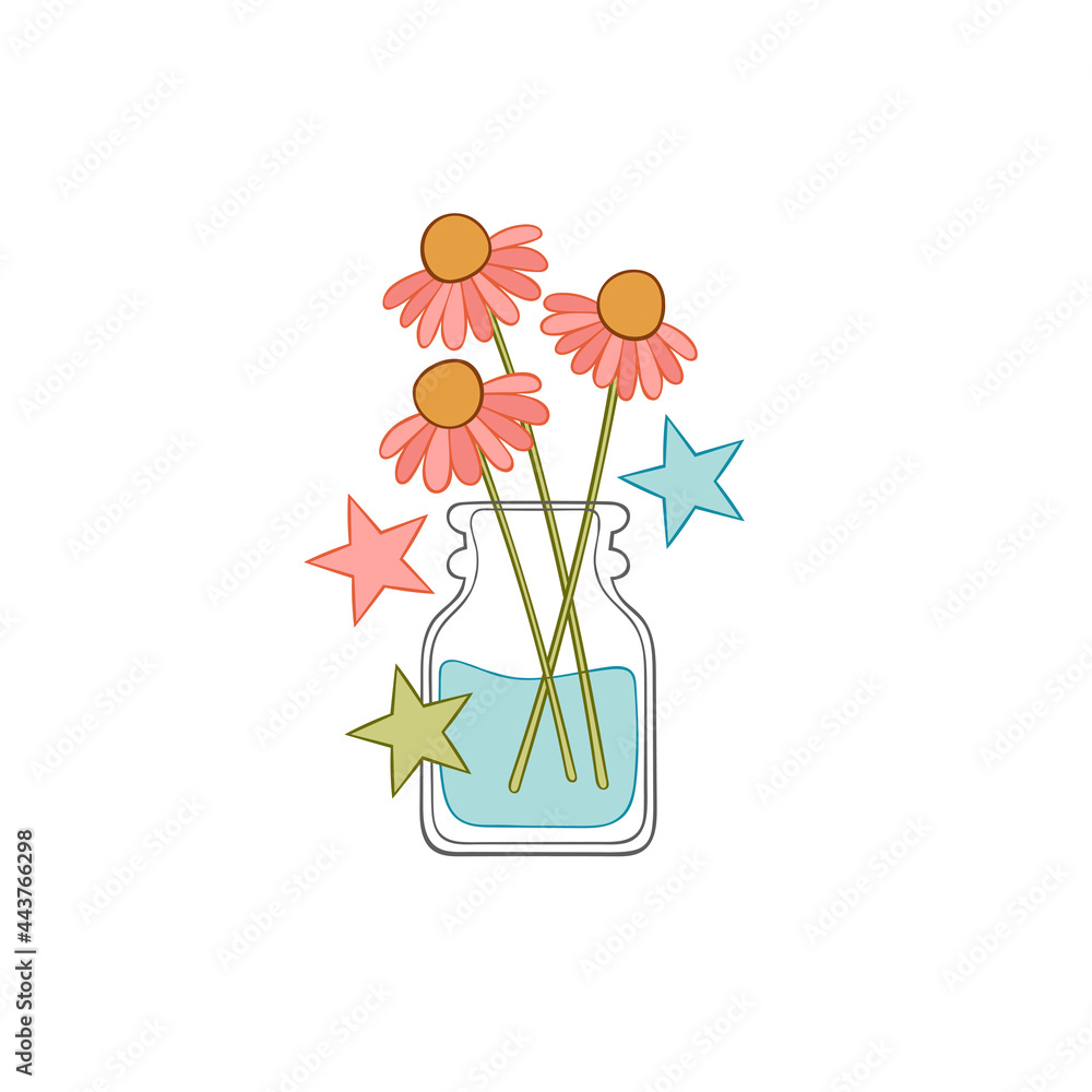 Flowers in vase. Stars. Isolated vector object on white background. 