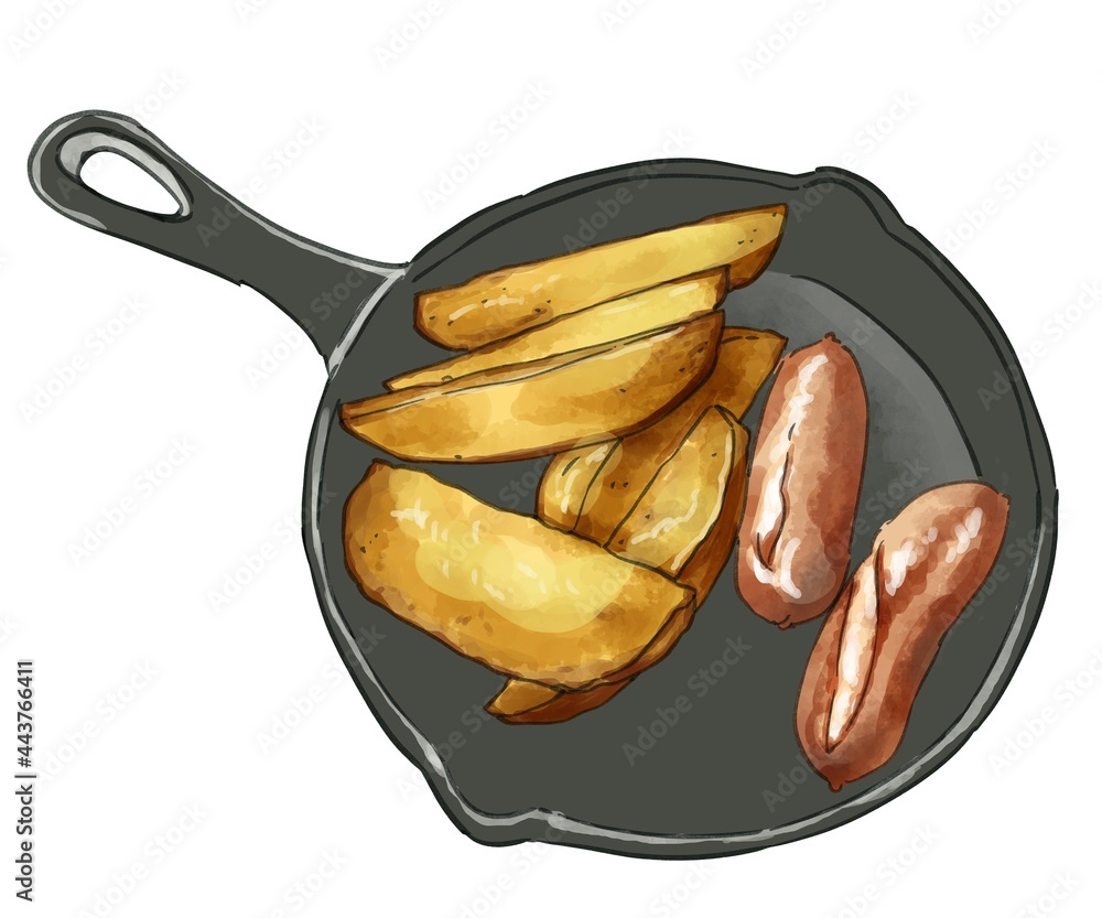 水彩手描きのスキレットで焼いたウインナーとフライドポテトイラスト 主線あり Stock Illustration Adobe Stock