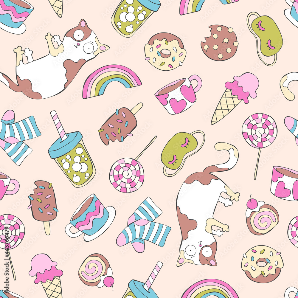 Fun cartoon print. Crazy cat, rainbow, ice cream, cocktail, tea mug, coffee cup, sweet pastries, socks, sleep mask. Seamless vector pattern (background). Fun cartoon print. Crazy cat, rainbow, ice cream, cocktail, tea mug, coffee cup, sweet pastries, socks, sleep mask. Seamless vector pattern (background).