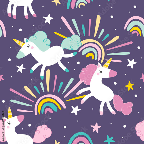 Cute unicorns. Cartoon magic animals. Rainbow, stars, hearts. Seamless vector pattern (background). Cartoon print. 