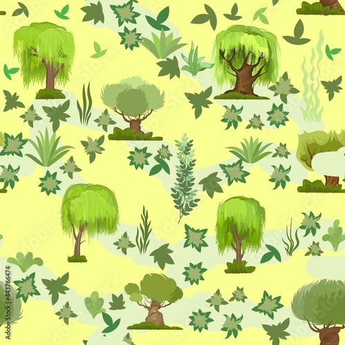 Natural landscape with forest and green trees. Seamless. Beautiful rural country side. Vector