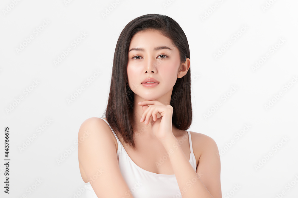Fototapeta premium Beautiful young asian woman with clean fresh skin on white background, Face care, Facial treatment, Cosmetology, beauty and spa, Asian women portrait.