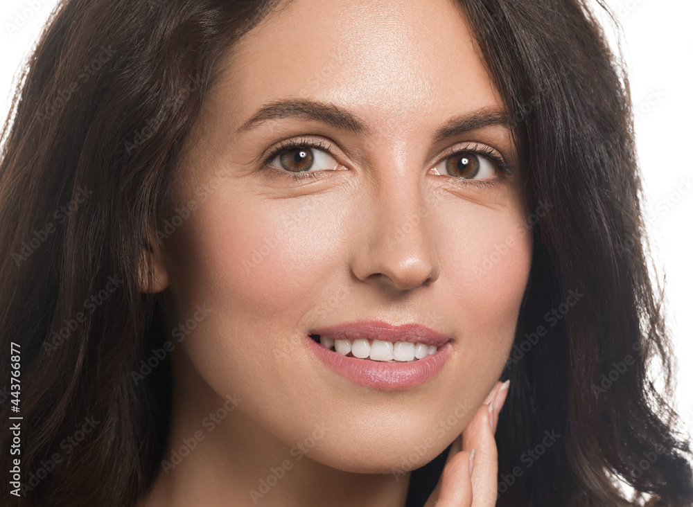 Beautiful healthy teerth smile woman brunette hair natural skin studio portrait Beautiful healthy teerth smile woman brunette hair natural skin studio portrait