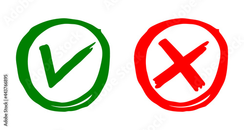 Tick and cross black signs. Gray checkmark OK and X icons, isolated on white background. Simple marks graphic design. Circle symbols YES and NO button for vote, decision, web. Vector illustration.