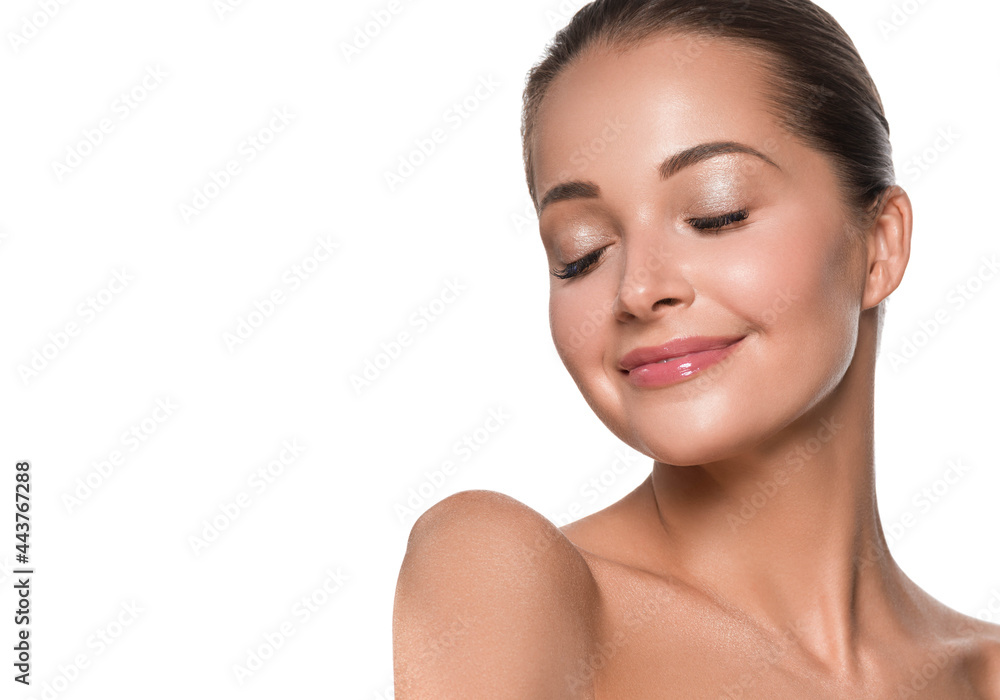 Beautiful woman with healthy clean fresh skin hand touching face manicure beauty isolated on white Beautiful woman with healthy clean fresh skin hand touching face manicure beauty isolated on white