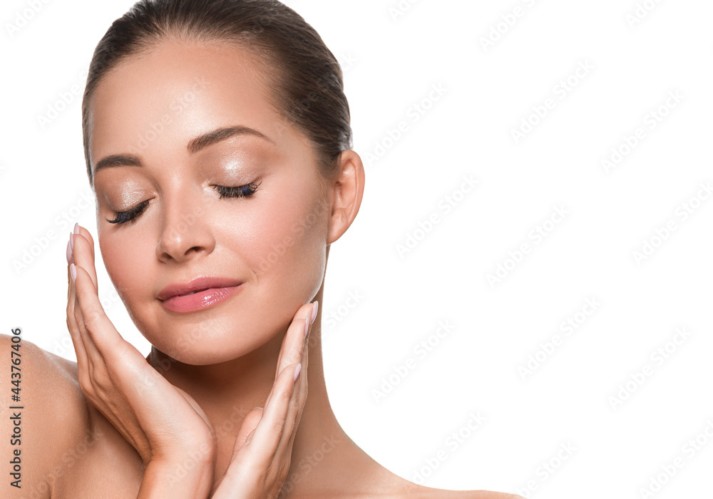 Beautiful woman with healthy clean fresh skin hand touching face manicure beauty isolated on white Beautiful woman with healthy clean fresh skin hand touching face manicure beauty isolated on white