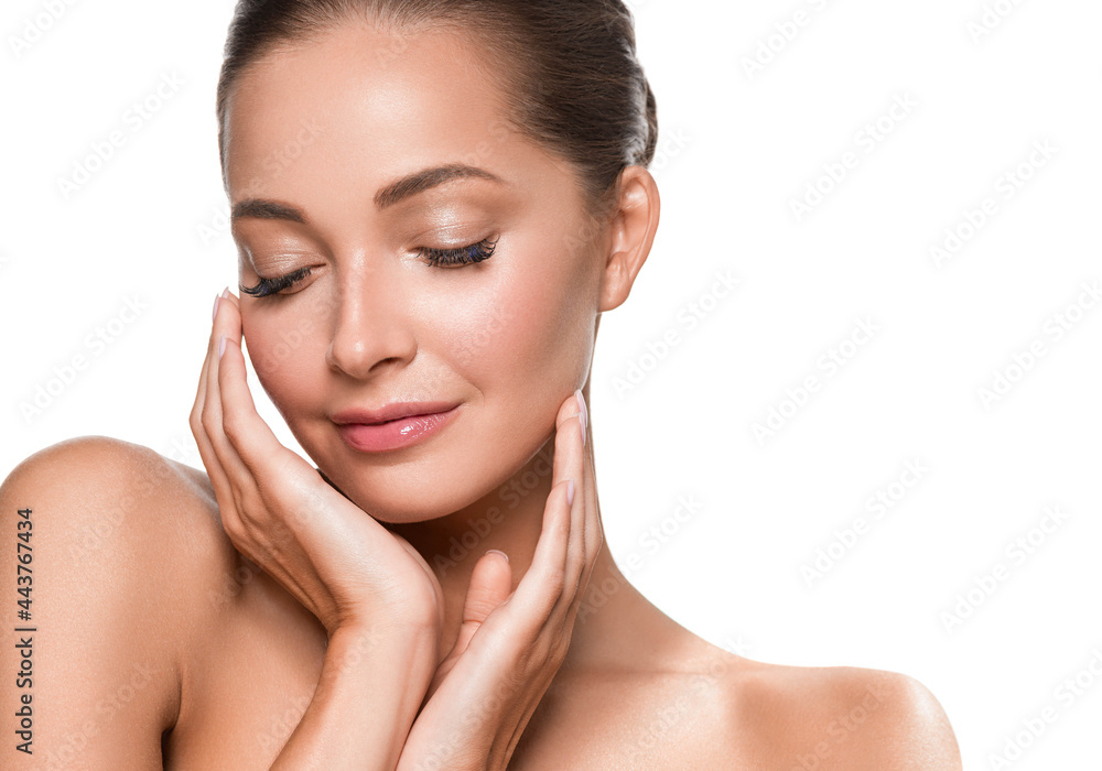 Beautiful woman with healthy clean fresh skin hand touching face manicure beauty isolated on white Beautiful woman with healthy clean fresh skin hand touching face manicure beauty isolated on white