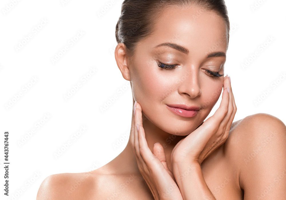 Beautiful woman with healthy clean fresh skin hand touching face manicure beauty isolated on white Beautiful woman with healthy clean fresh skin hand touching face manicure beauty isolated on white