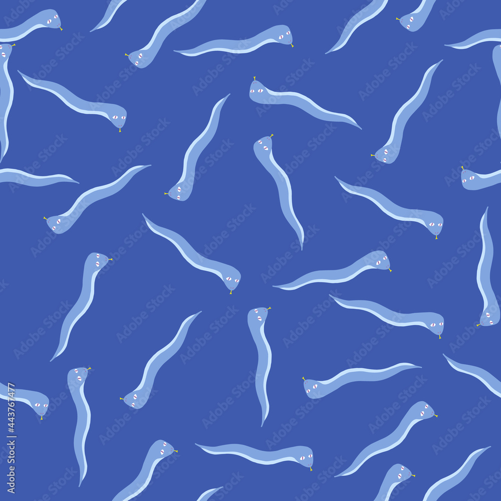 Fototapeta premium Scrapbook seamless pattern with worms random doodle silhouettes. Blue colors. Random backdrop.