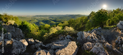 Panorama of forest and mountain in Carpathian with sun, Slovakia
